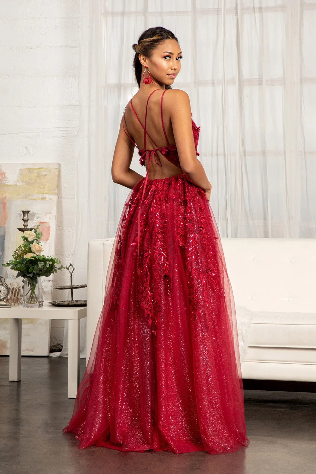 3D Floral Strappy Back Gown by Elizabeth K GL3033