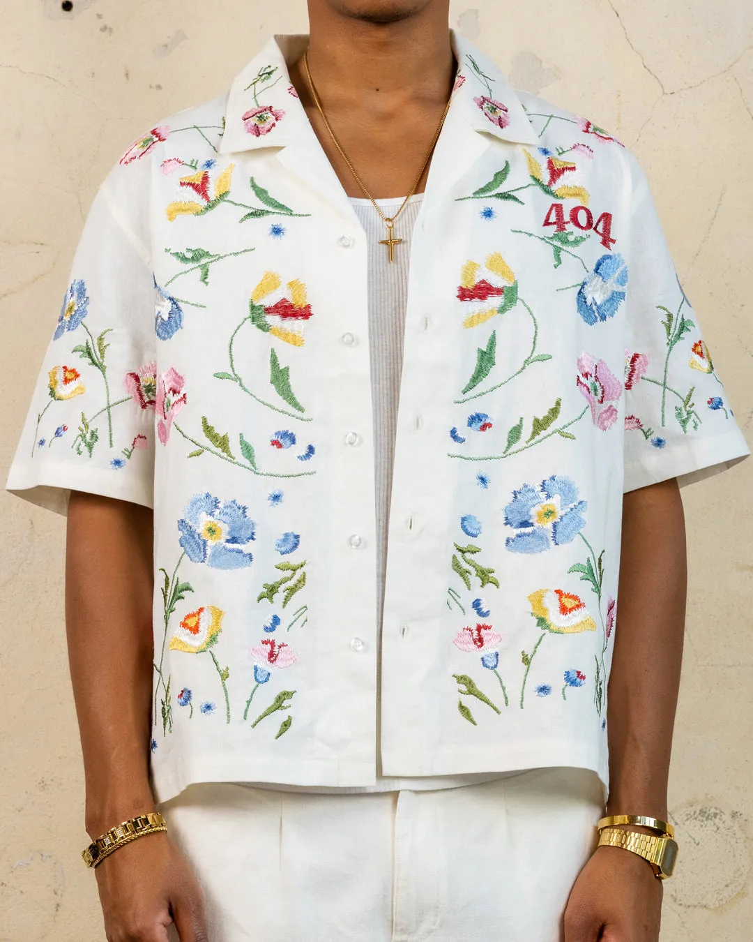 404 Midsommar Embroidered Button Up T-Shirt Ecru