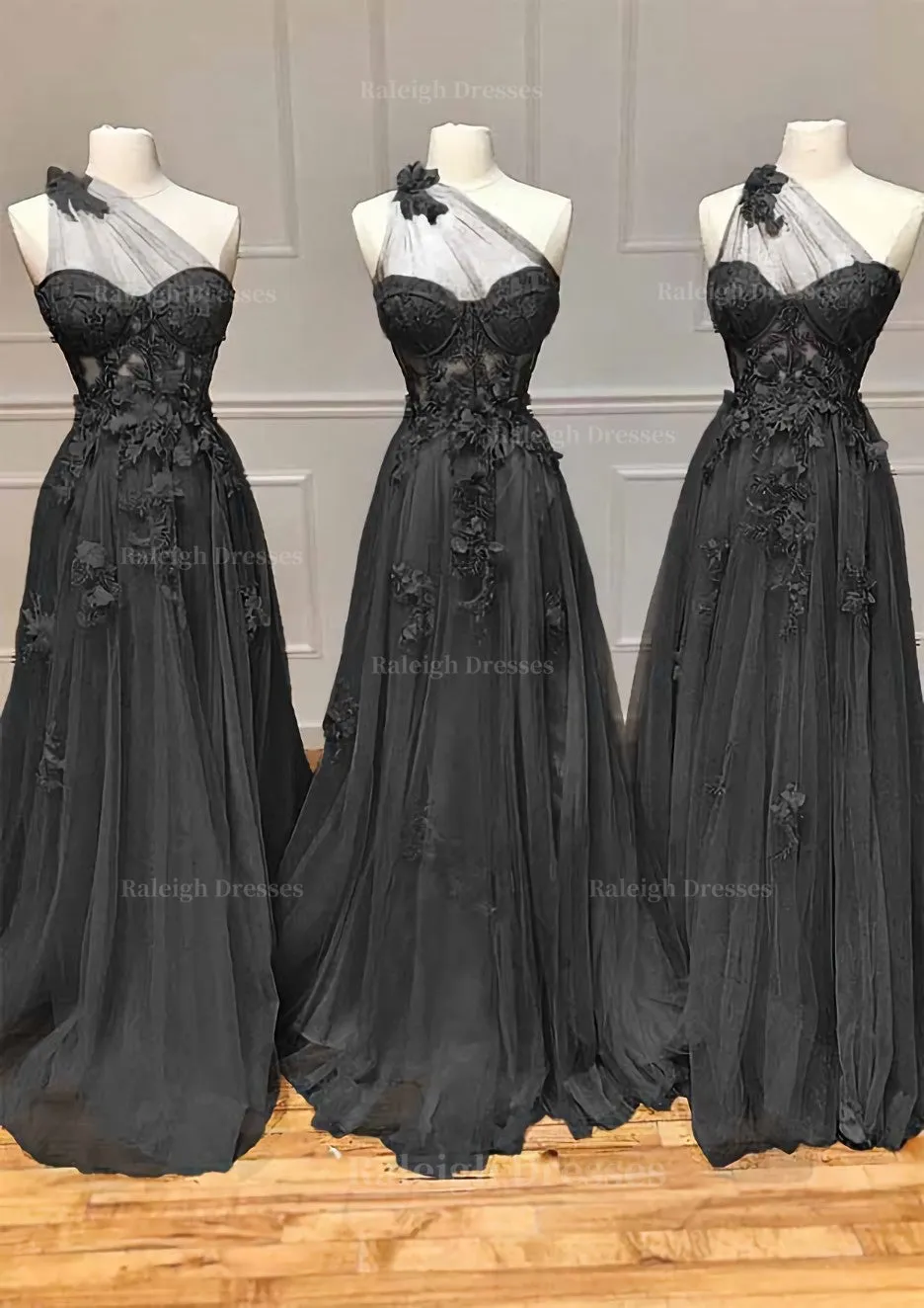 A-line One-Shoulder Sleeveless Long/Floor-Length Tulle Prom Dress with Appliqued Split