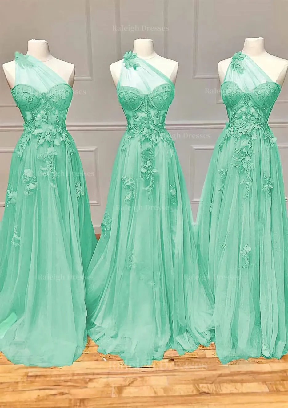 A-line One-Shoulder Sleeveless Long/Floor-Length Tulle Prom Dress with Appliqued Split