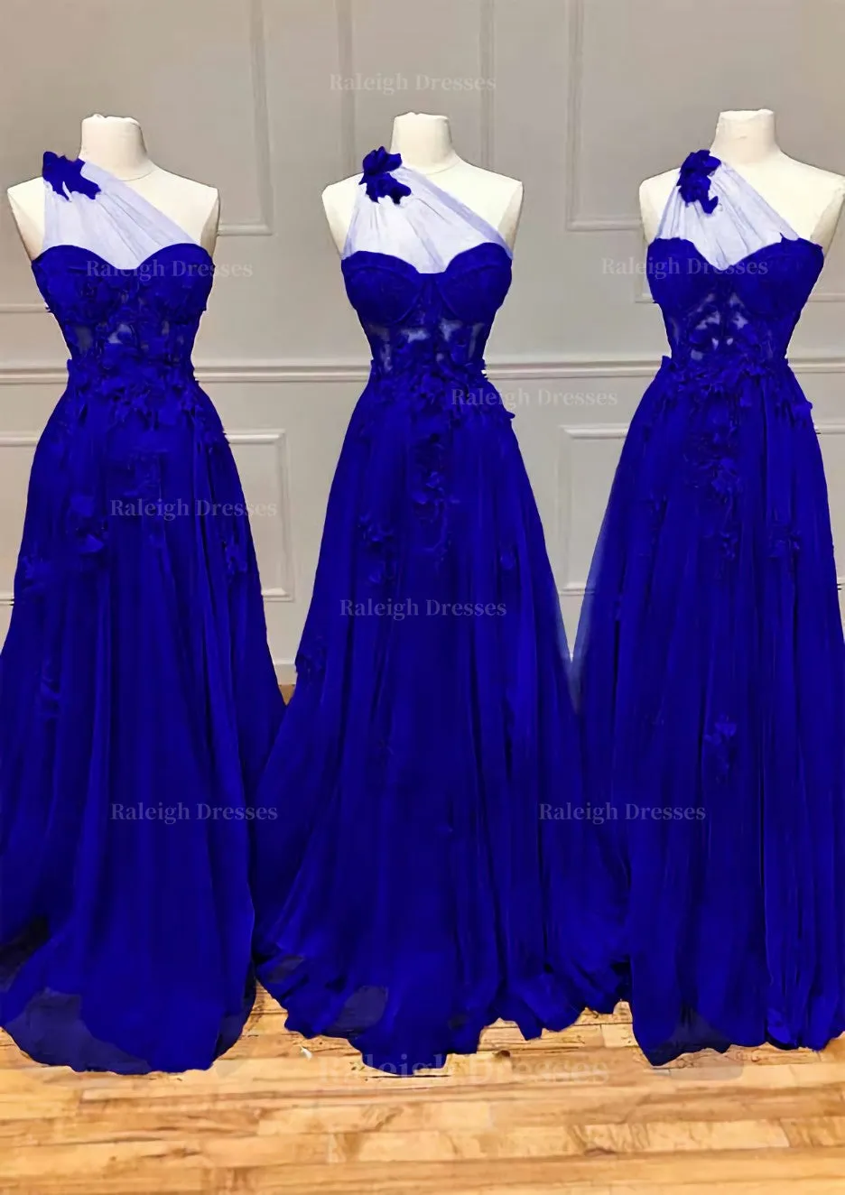 A-line One-Shoulder Sleeveless Long/Floor-Length Tulle Prom Dress with Appliqued Split