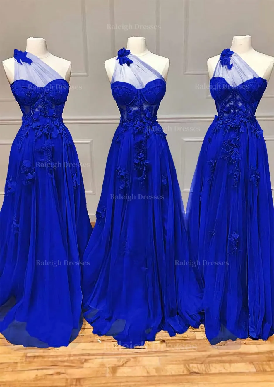 A-line One-Shoulder Sleeveless Long/Floor-Length Tulle Prom Dress with Appliqued Split