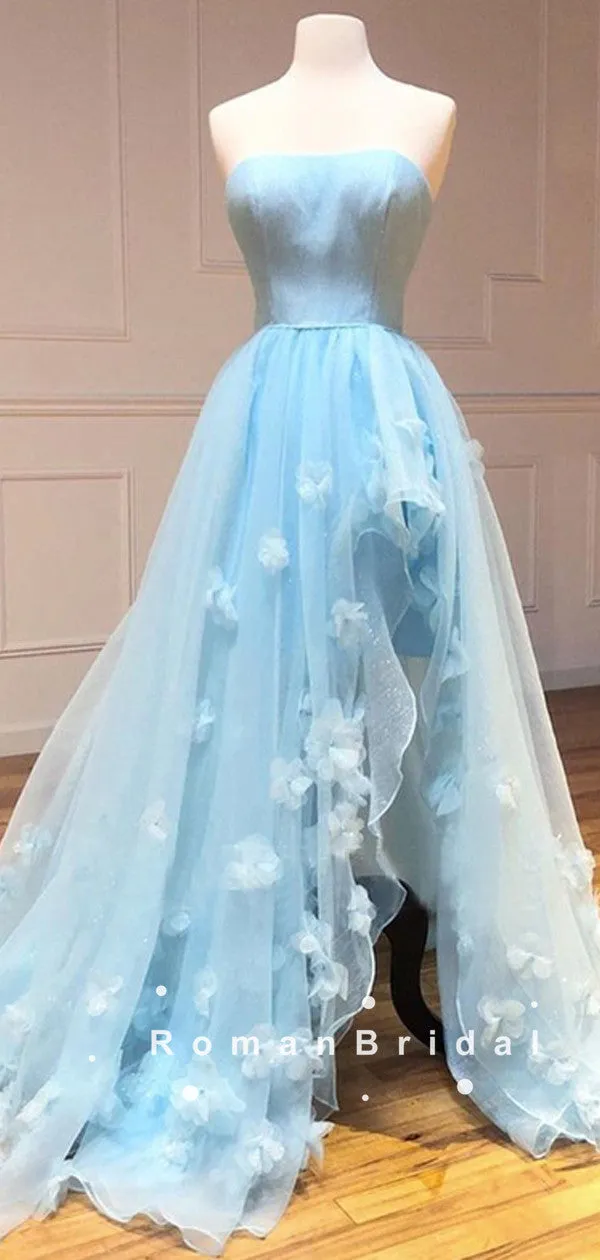 A-Line Strapless Light Blue Tulle Long Prom Dresses With Flowers,RBPD0096