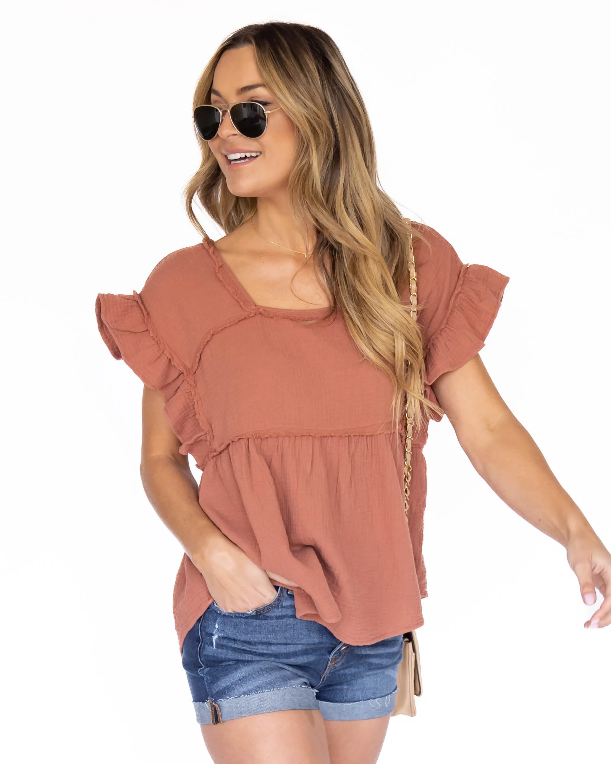 Angelina Ruffle Top - Rust