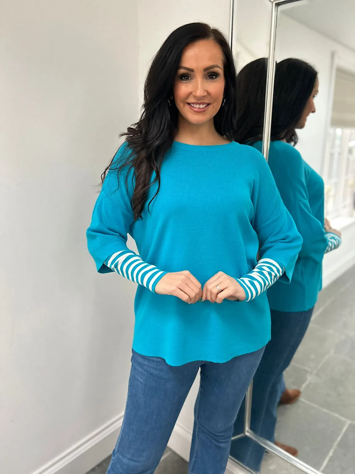 Aqua Striped Sleeve Knit Tracy