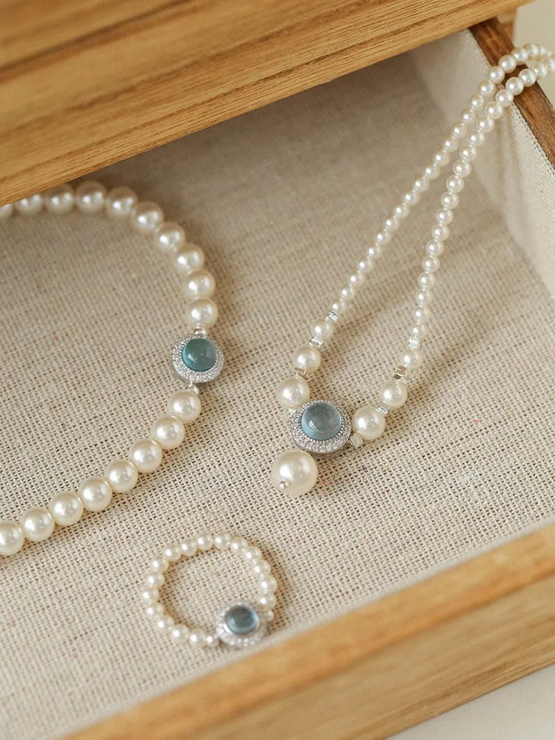 Aquamarine Oceanic Blue Sapphire and Pearl Necklace