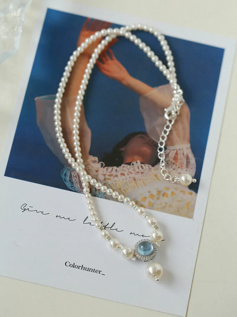 Aquamarine Oceanic Blue Sapphire and Pearl Necklace