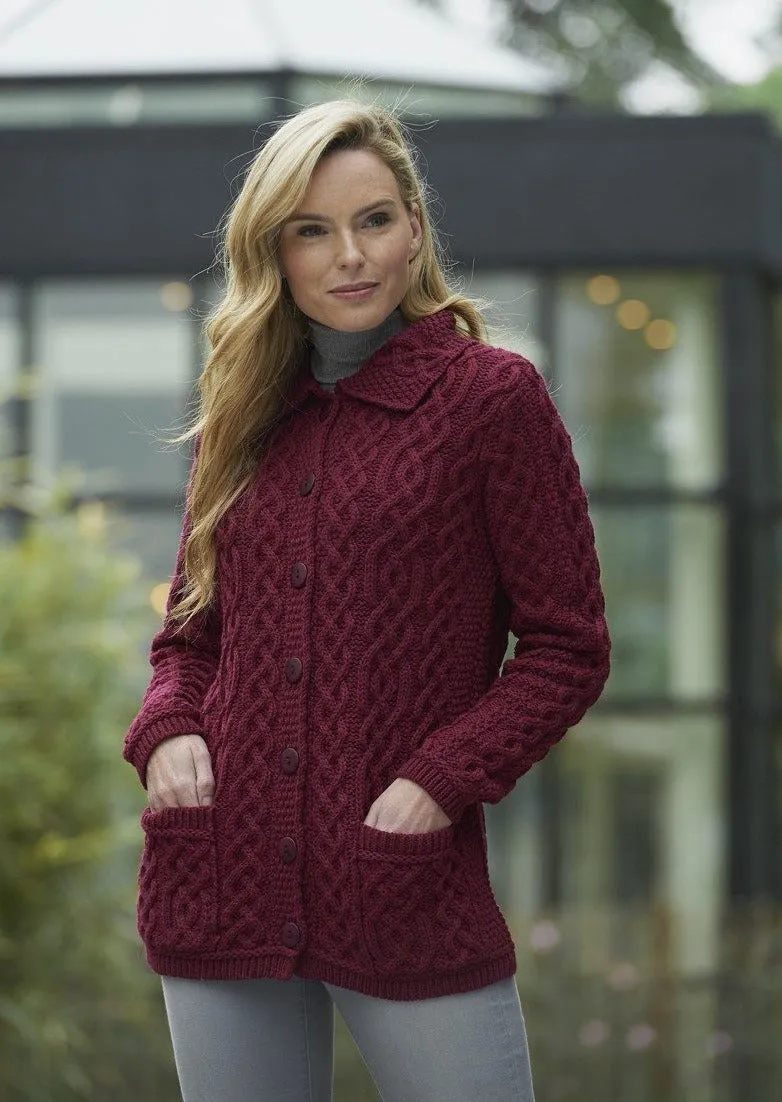 Aran Buttoned Collar Cardigan | Wine