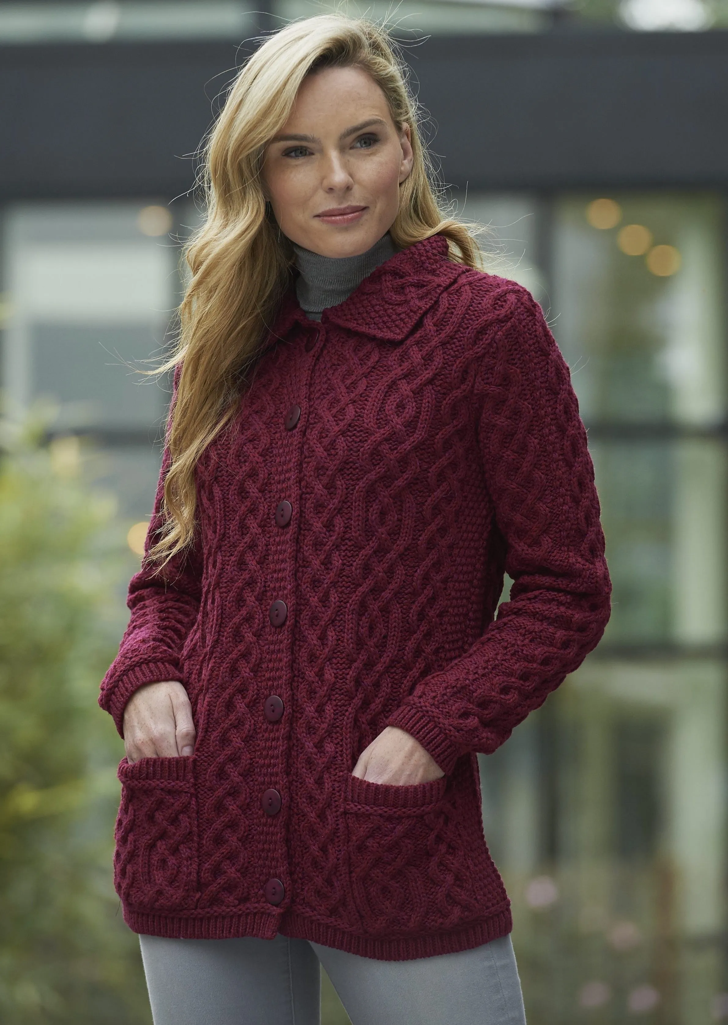 Aran Buttoned Collar Cardigan | Wine