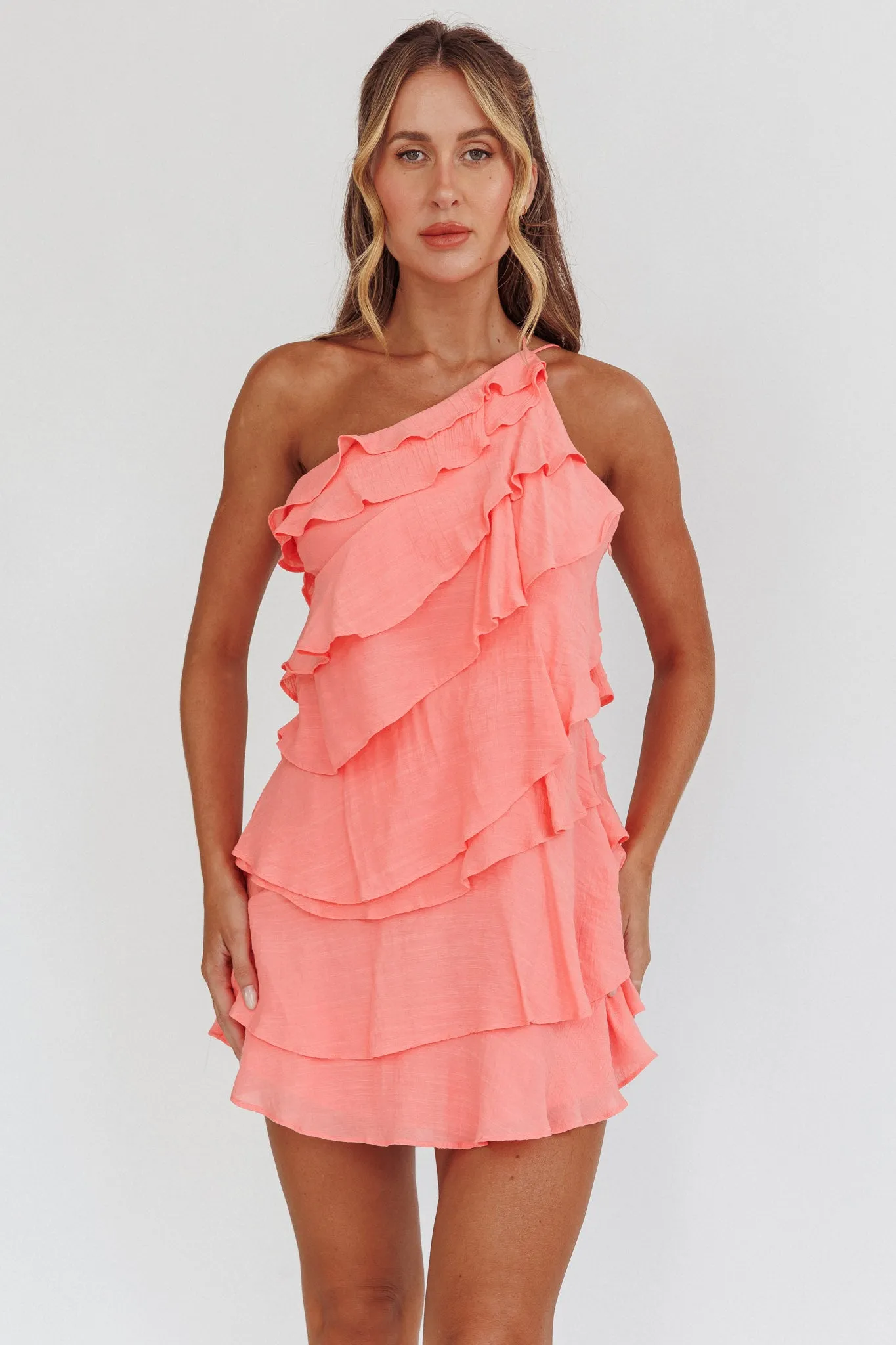 Arrabel Tiered Ruffle Mini Dress Peach