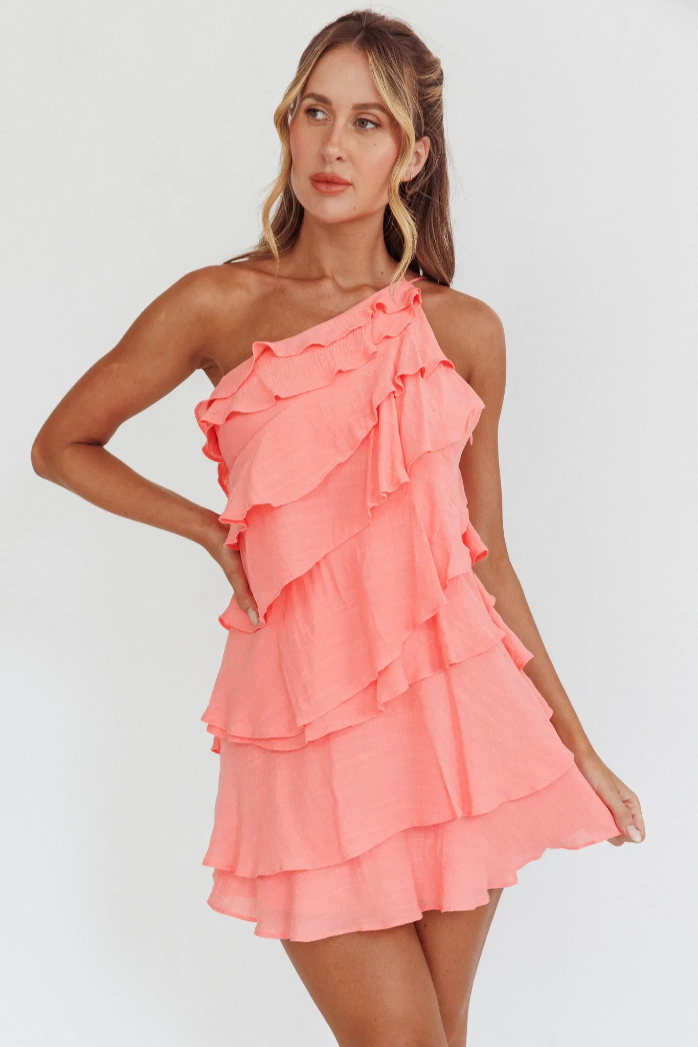 Arrabel Tiered Ruffle Mini Dress Peach