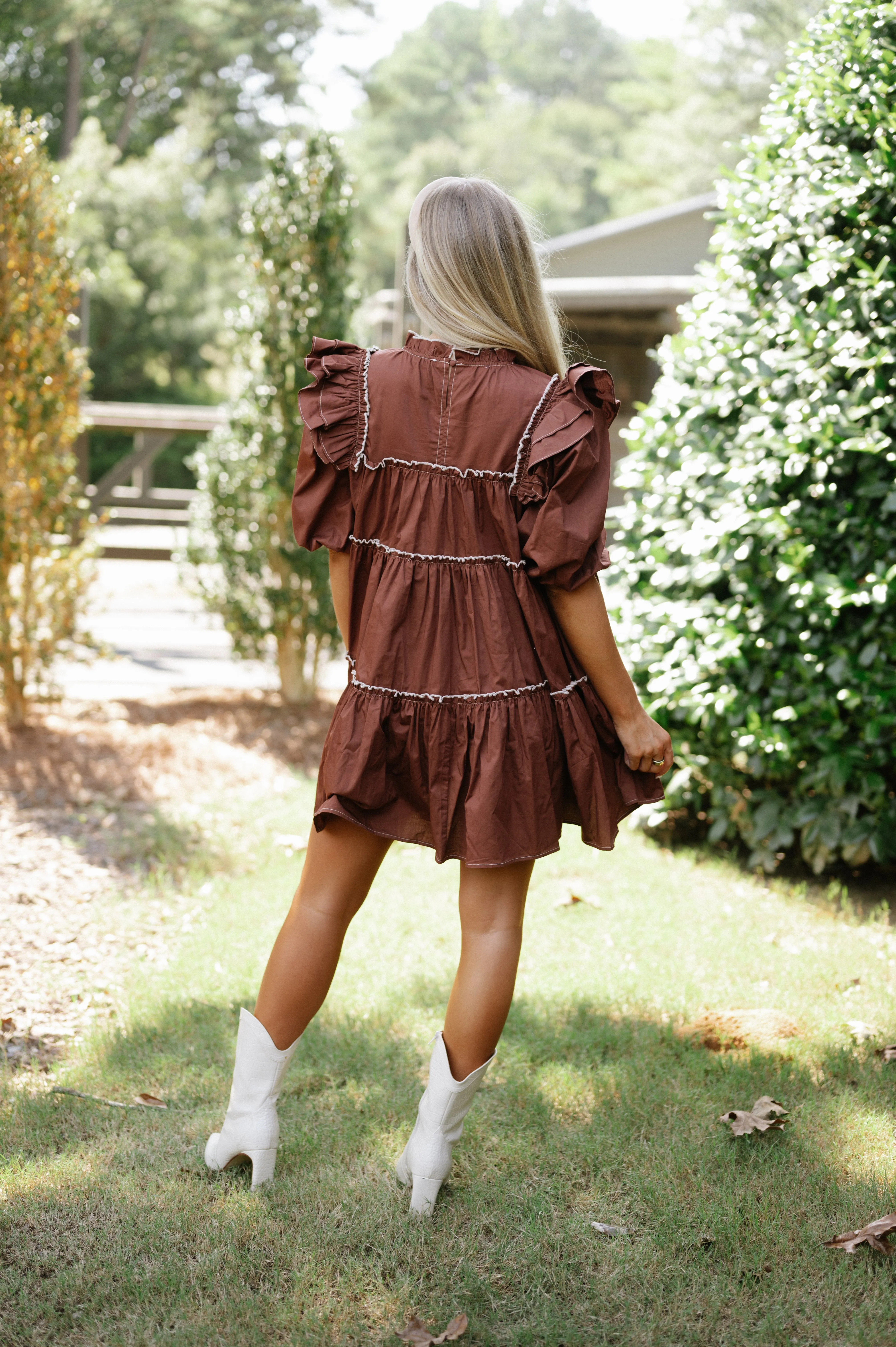 Babydoll Tiered Mini Dress-Brown