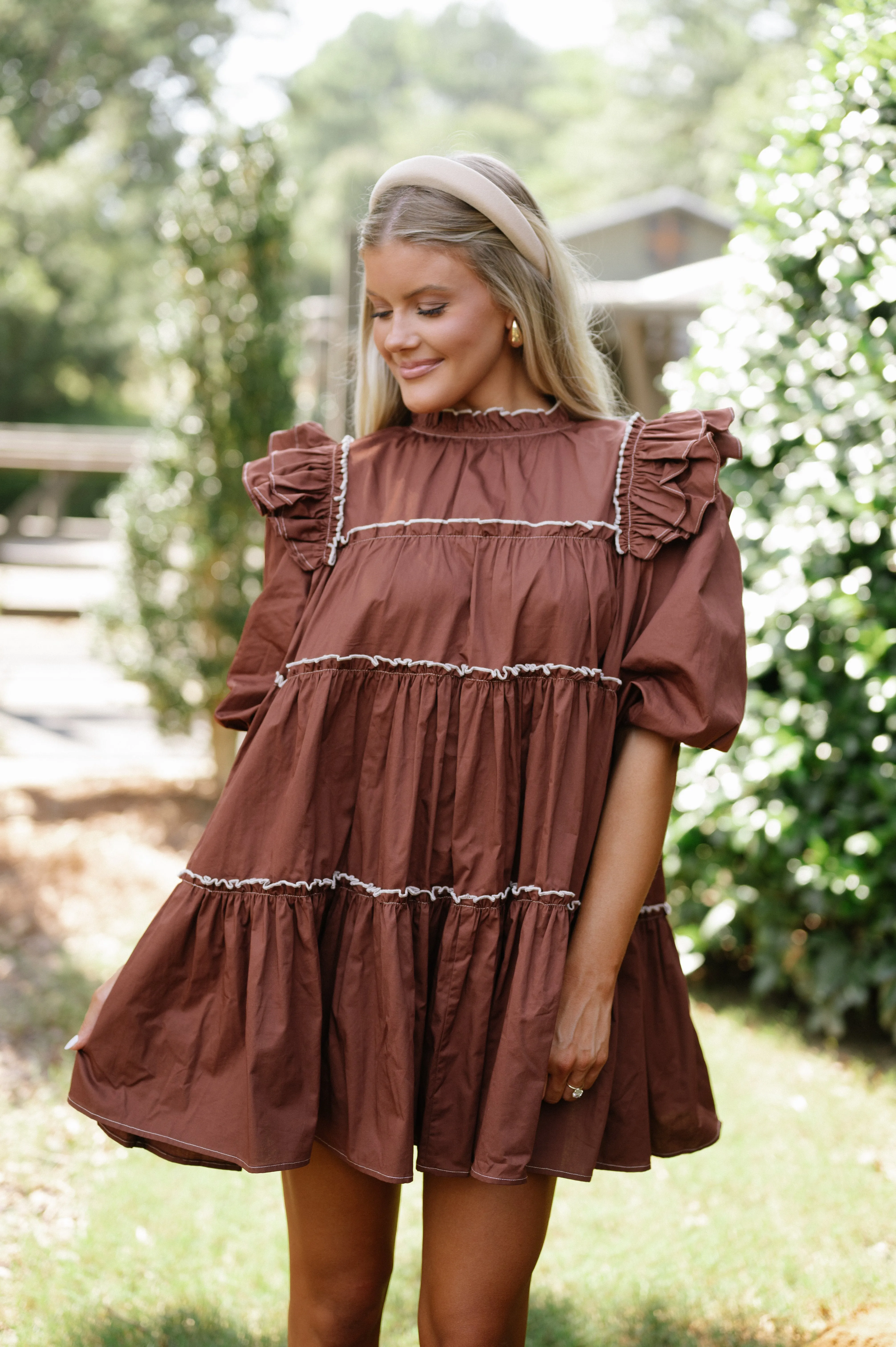 Babydoll Tiered Mini Dress-Brown