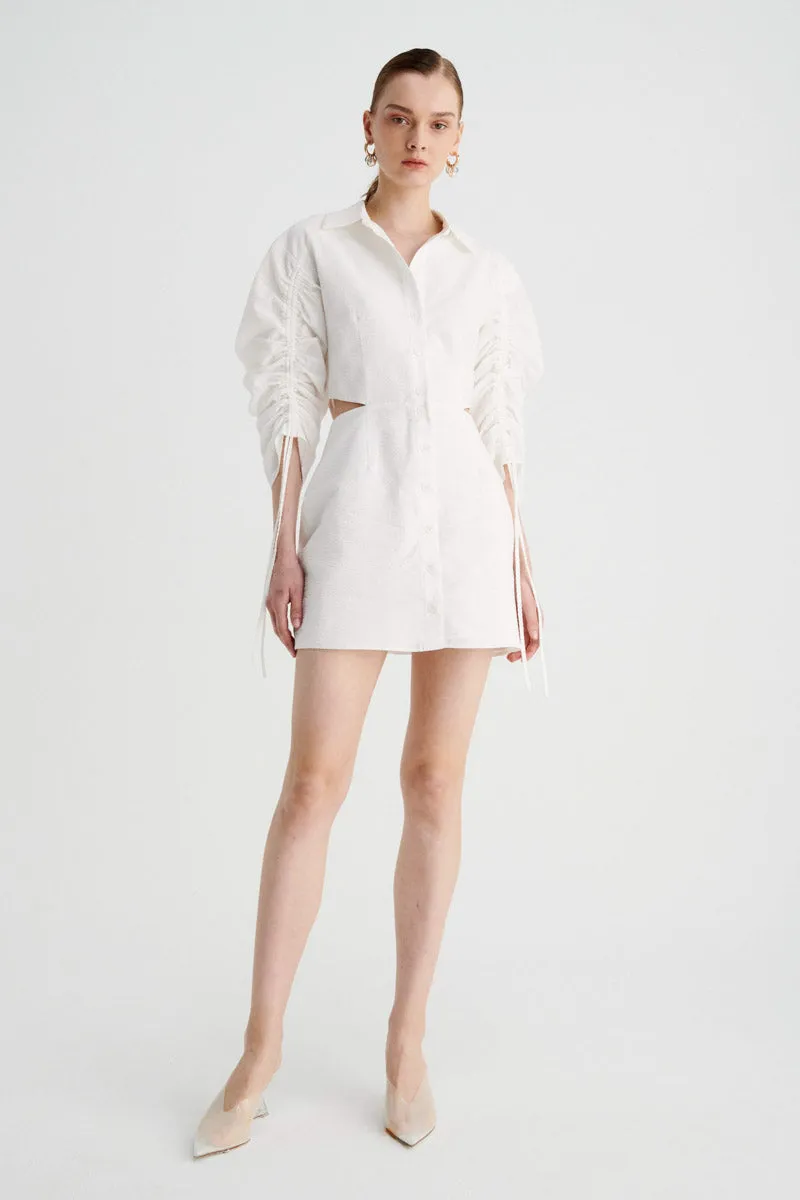 Bentley Gathered Box Sleeve Mini Shirt Dress - White