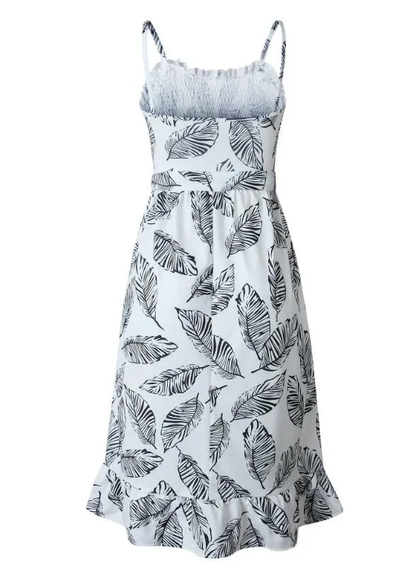 BerryBetty - Casual Backless Boho Leaves Print Beach Sleeveless Dress