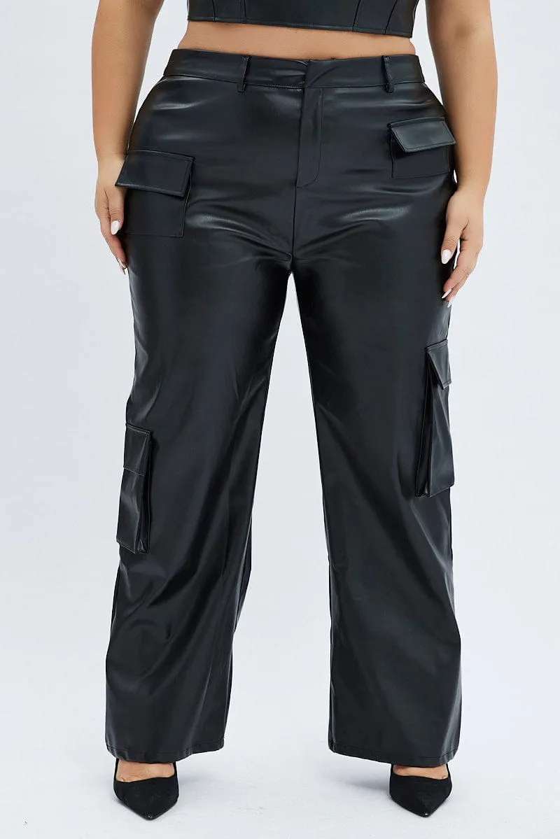 Black Cargo Pants Straight Fit High Rise Faux Leather