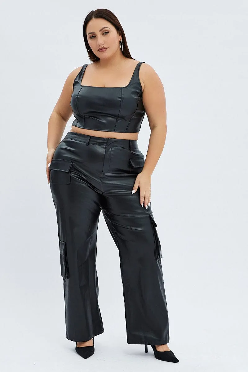 Black Cargo Pants Straight Fit High Rise Faux Leather