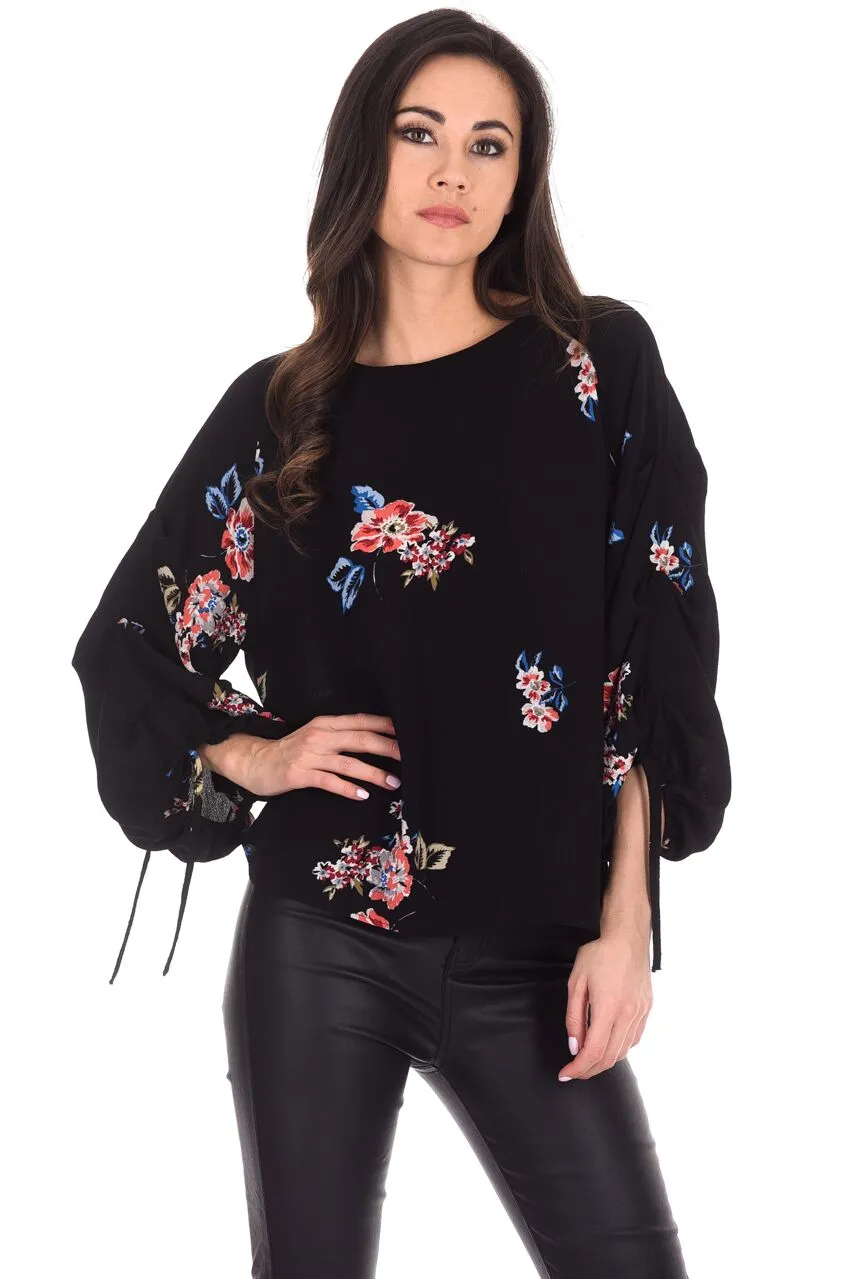 Black Floral Tie Sleeve Top