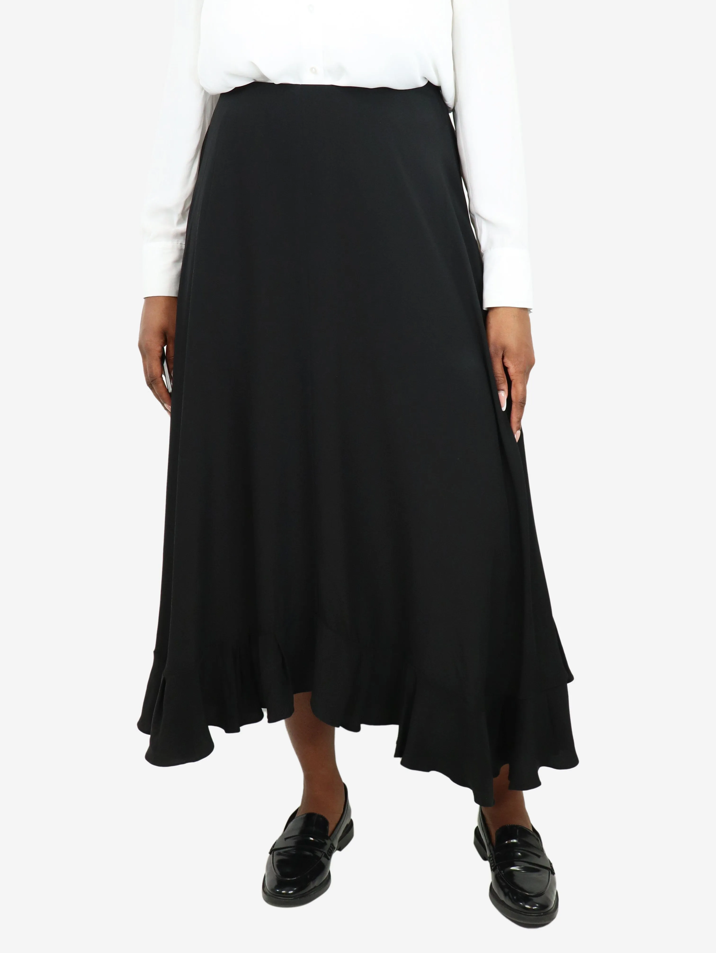 Black ruffle hem silk maxi skirt - size UK 12