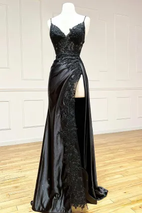 Black Sexy Appliques High Slit Long Prom Dress with Spaghetti Straps,DP629