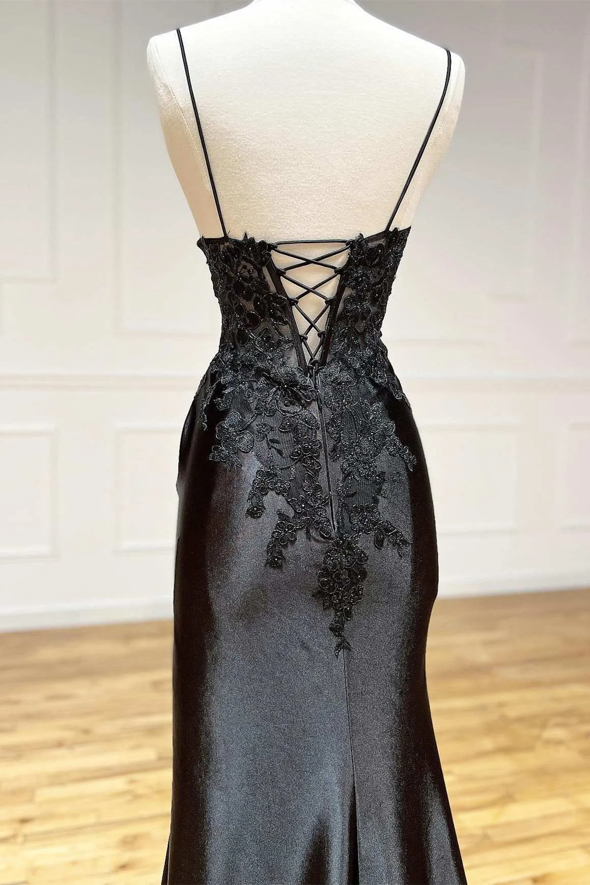 Black Sexy Appliques High Slit Long Prom Dress with Spaghetti Straps,DP629