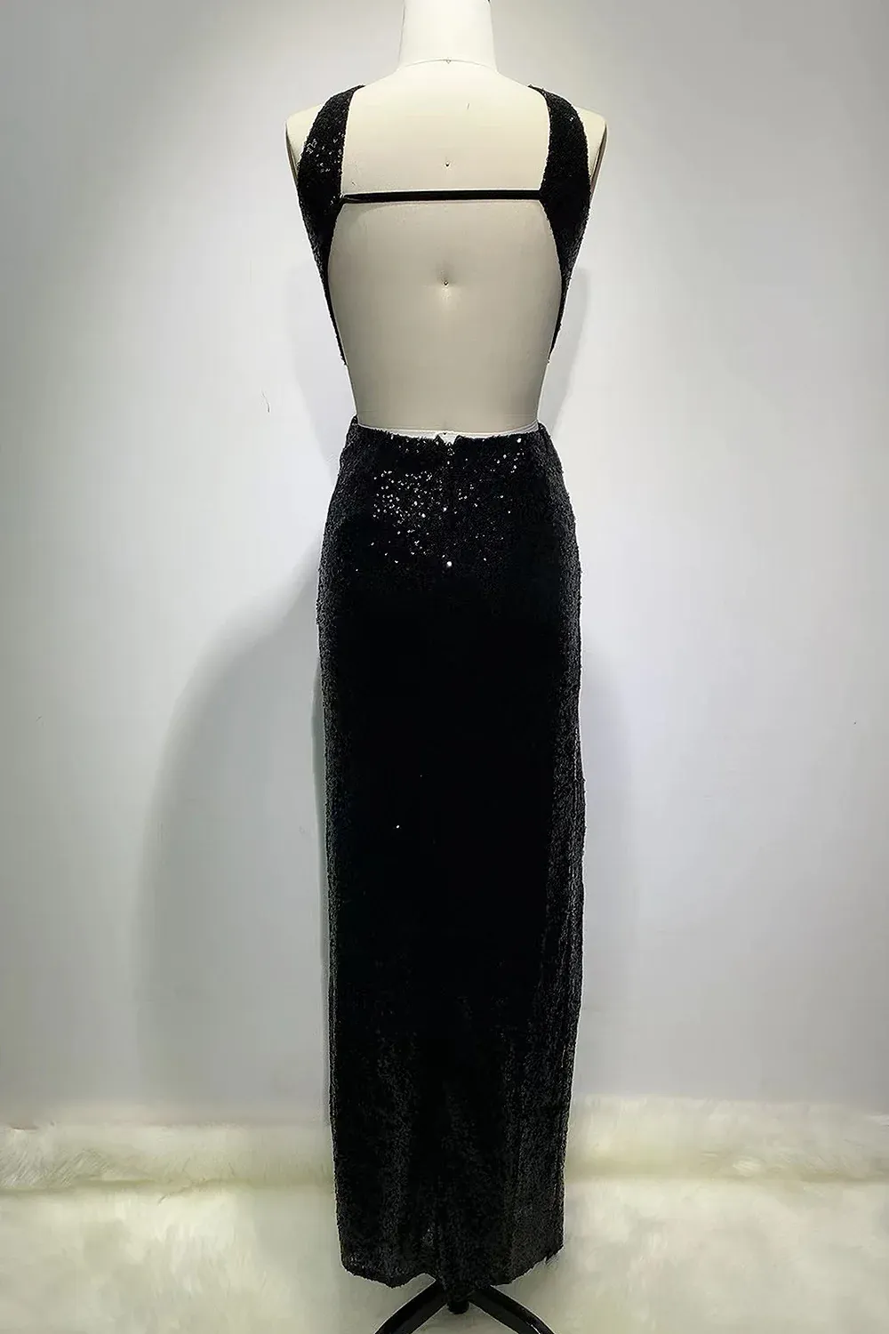 Black Sheath Sequins Halter Backless Long Prom Dress with High Slit,DP1413