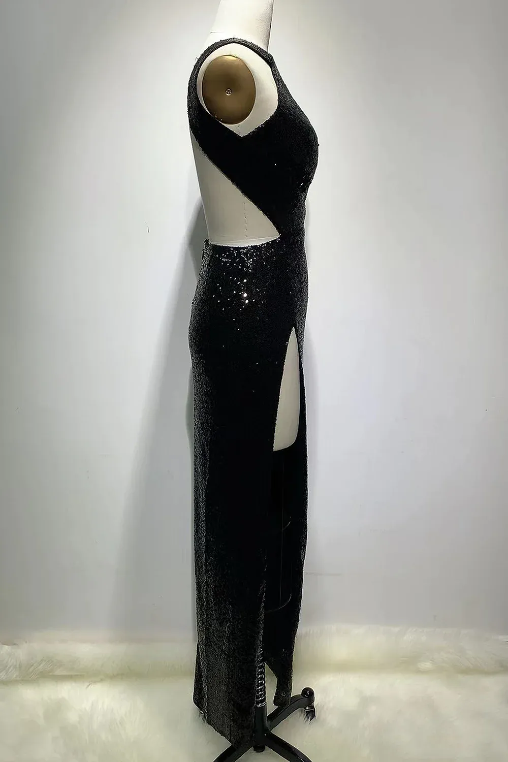 Black Sheath Sequins Halter Backless Long Prom Dress with High Slit,DP1413