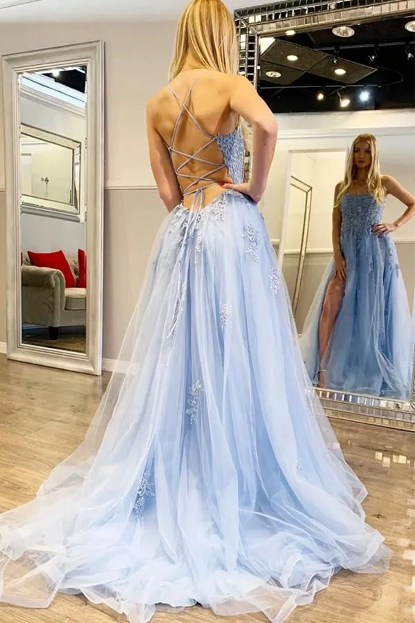 Blue Tulle Spaghetti Straps High Slit Sweep Train Prom Dress With Appliques, SP624