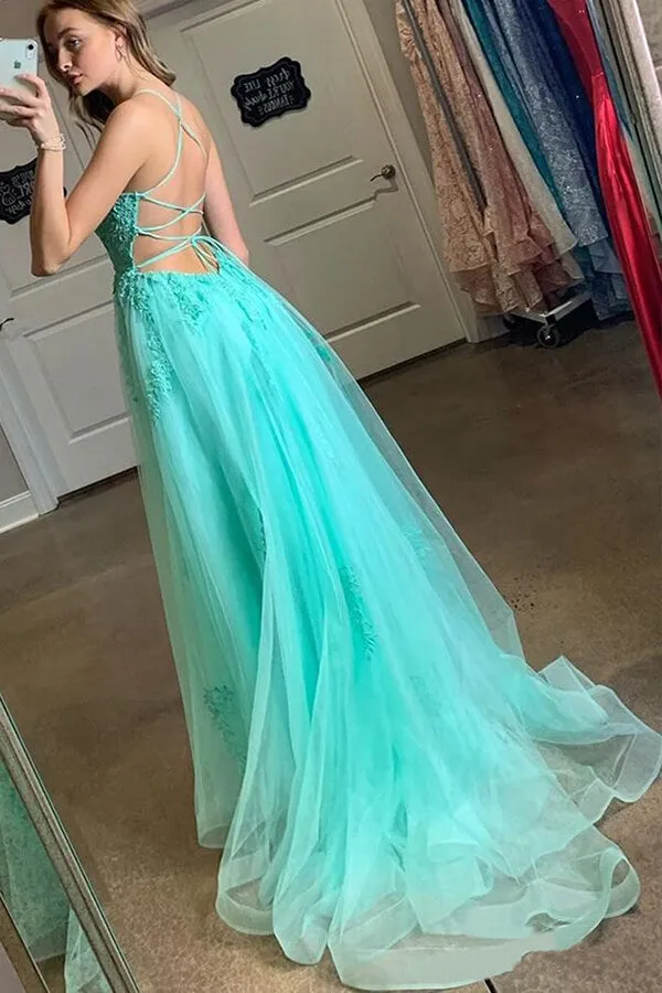 Blue Tulle Spaghetti Straps High Slit Sweep Train Prom Dress With Appliques, SP624