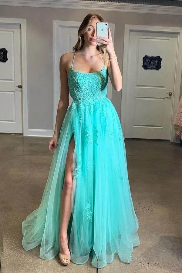 Blue Tulle Spaghetti Straps High Slit Sweep Train Prom Dress With Appliques, SP624