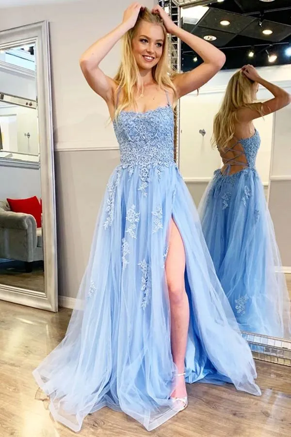 Blue Tulle Spaghetti Straps High Slit Sweep Train Prom Dress With Appliques, SP624