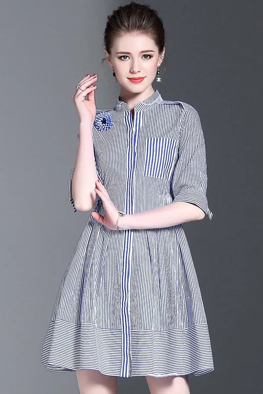 Blue White Stripe Dress W/ SD Flower