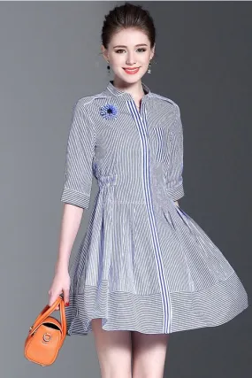 Blue White Stripe Dress W/ SD Flower