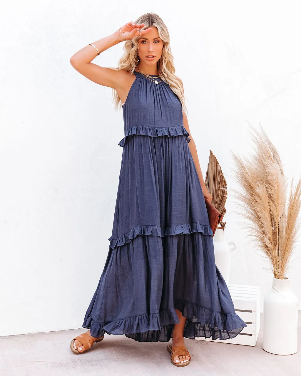 Brave Soul Pocketed Halter Maxi Dress - Navy