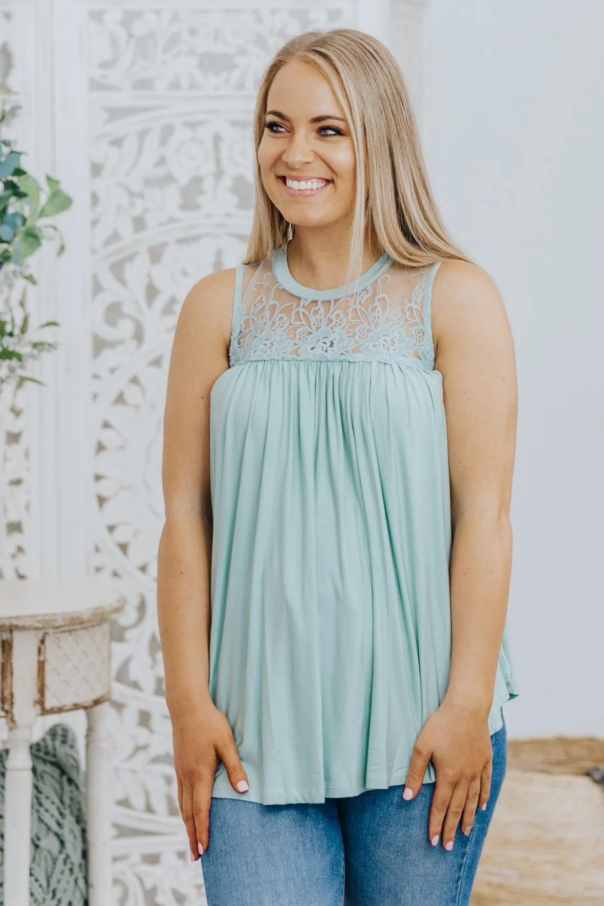 Can I Be Honest Button and Lace Flowy Tank in Sage