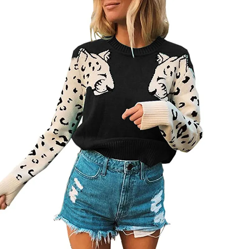 Casual Color-Blocking Print Tops Loose Long Sleeve Wholesale Sweater