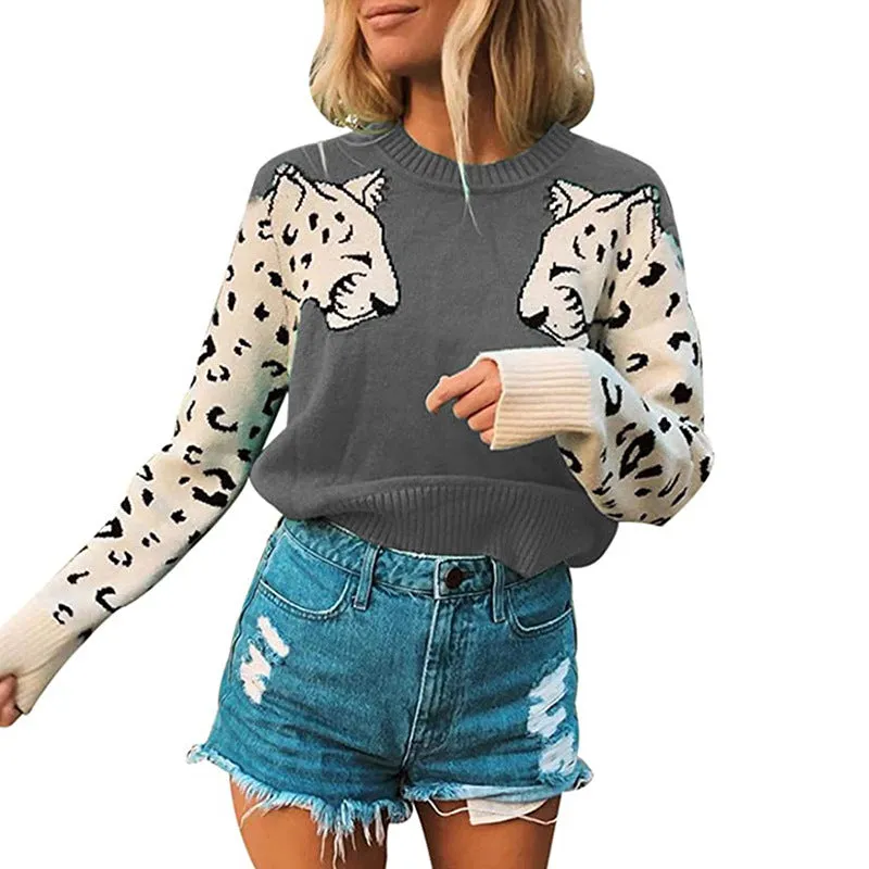 Casual Color-Blocking Print Tops Loose Long Sleeve Wholesale Sweater