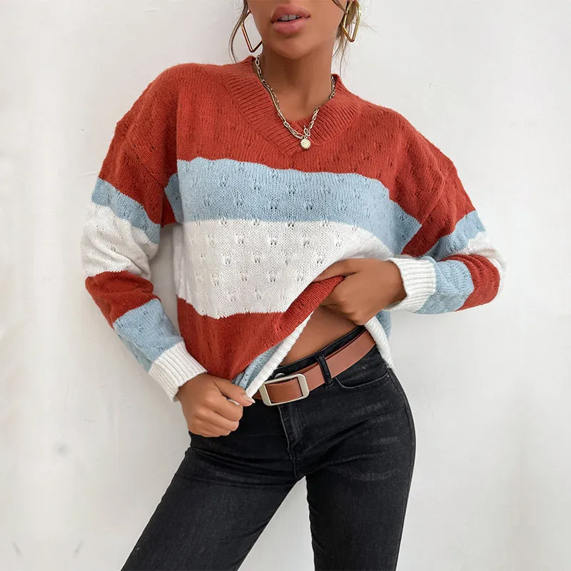 Casual Color Matching Long Sleeve Loose Wholesale Sweaters