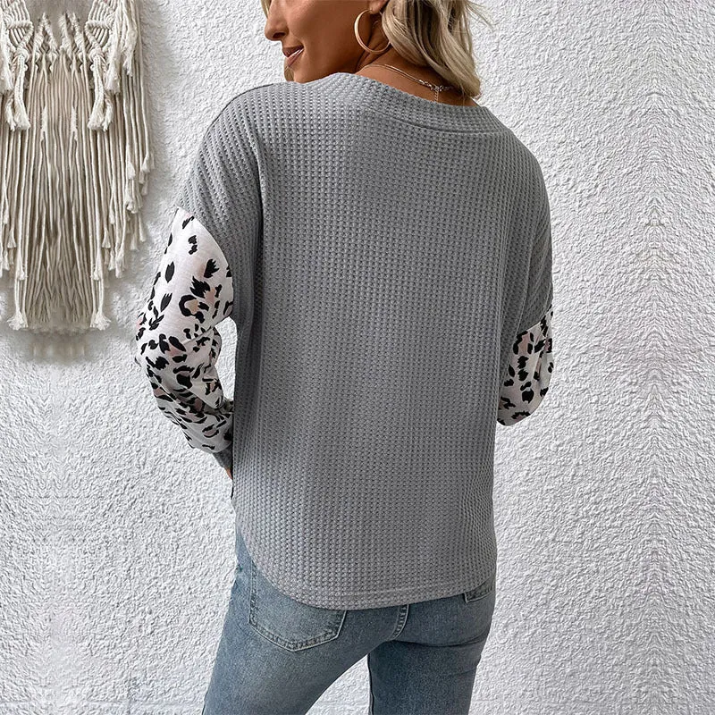 Casual Contrast Color Leopard V Neck Loose Long Sleeve Wholesale Sweaters