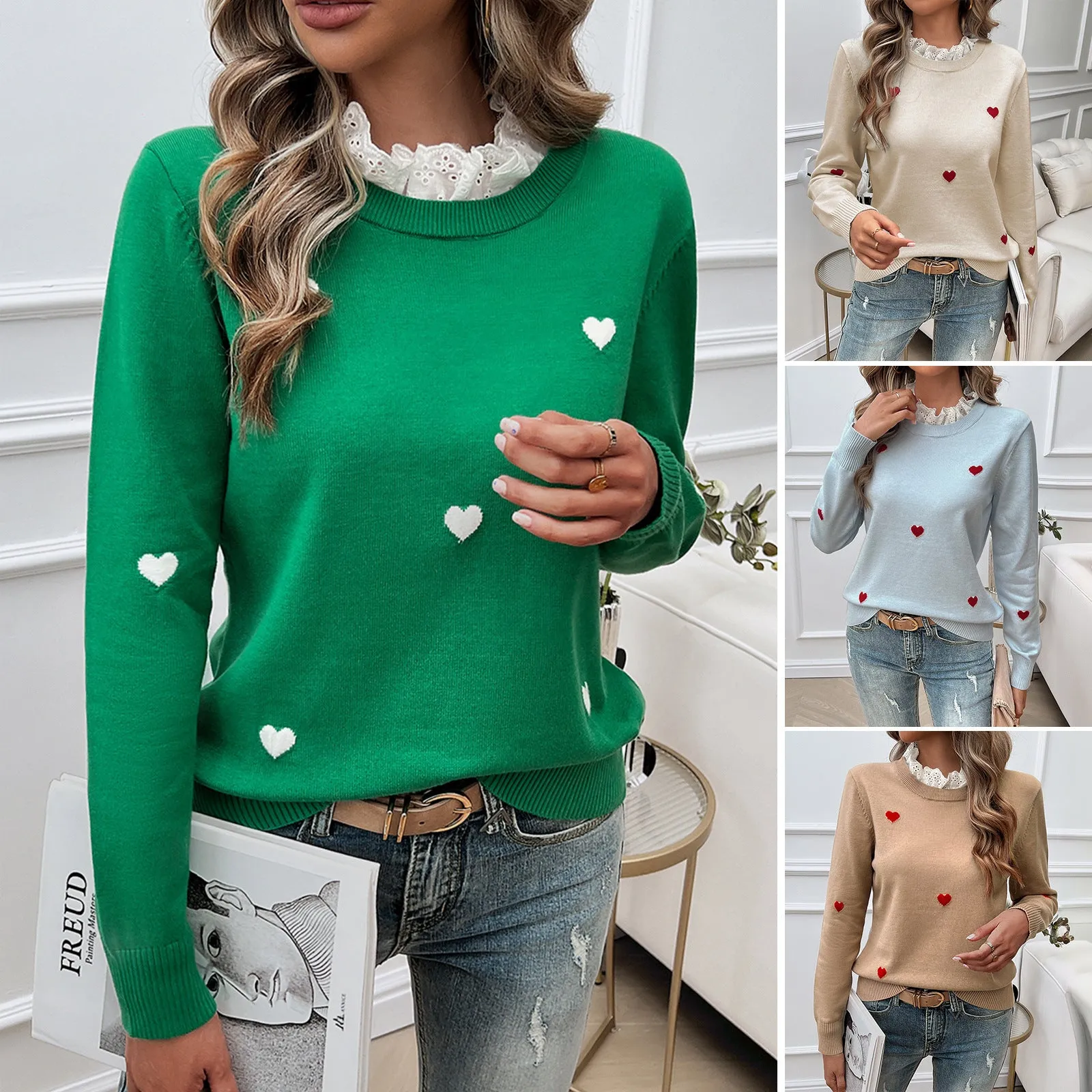 Casual Embroidered Heart Long Sleeve Sweater Wholesale Womens Clothing N3824072300007