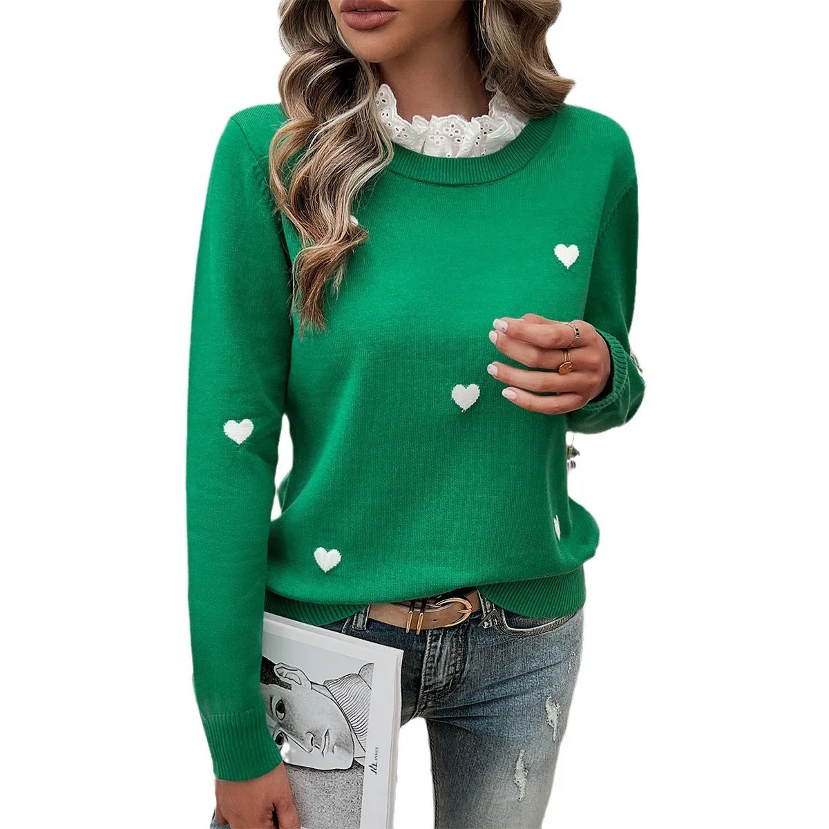 Casual Embroidered Heart Long Sleeve Sweater Wholesale Womens Clothing N3824072300007