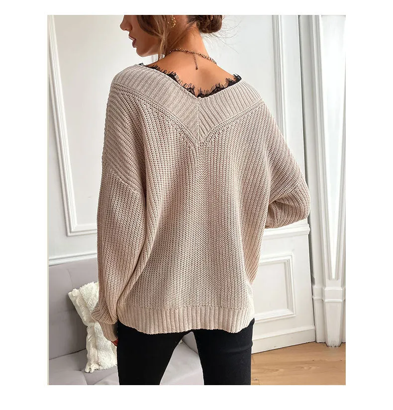 Casual Lace Paneled Solid Color Long Sleeve Loose Wholesale Sweaters