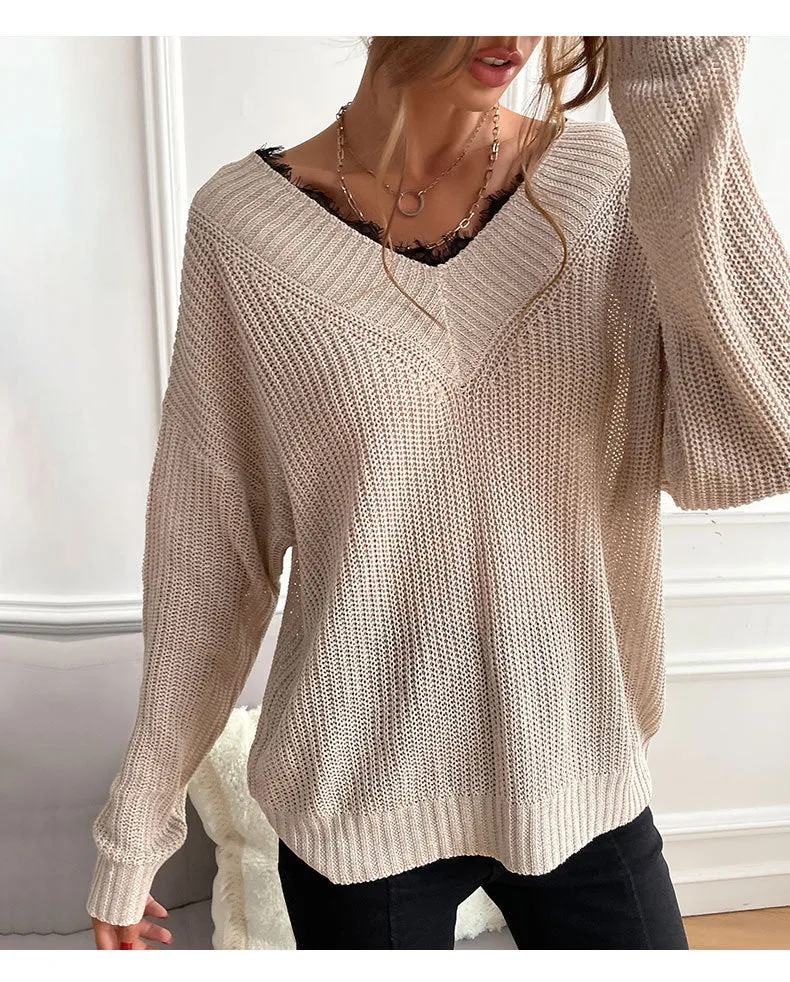 Casual Lace Paneled Solid Color Long Sleeve Loose Wholesale Sweaters