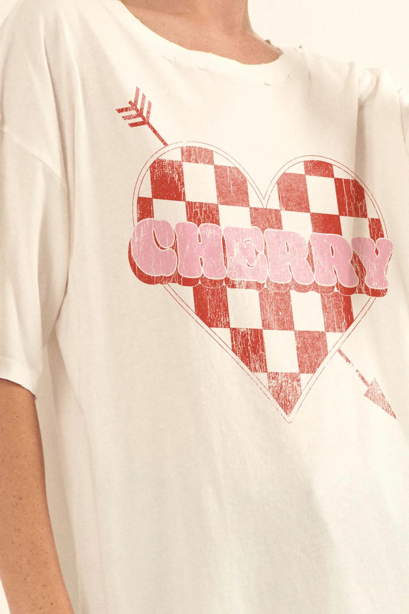 Cherry Love Checker Heart Distressed Graphic Tee