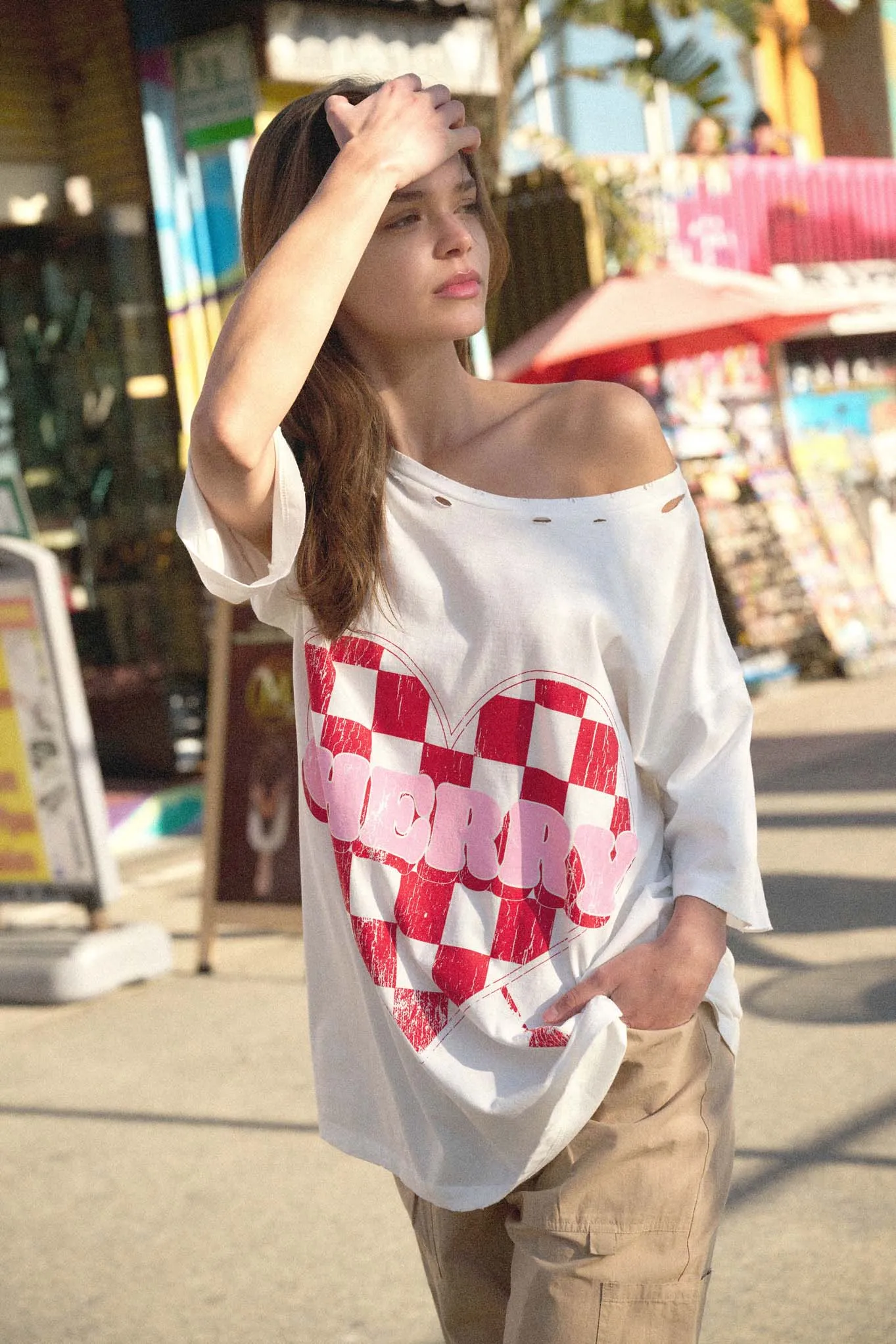 Cherry Love Checker Heart Distressed Graphic Tee