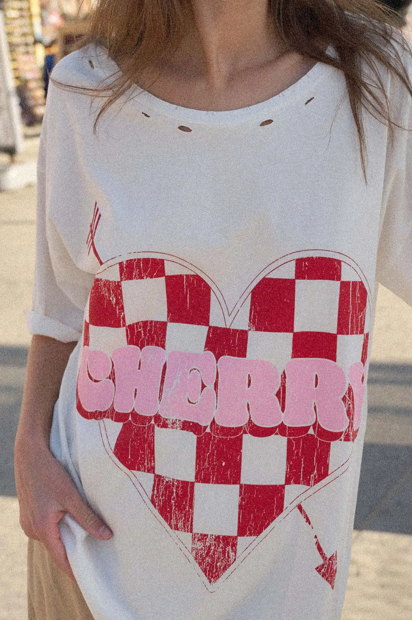 Cherry Love Checker Heart Distressed Graphic Tee