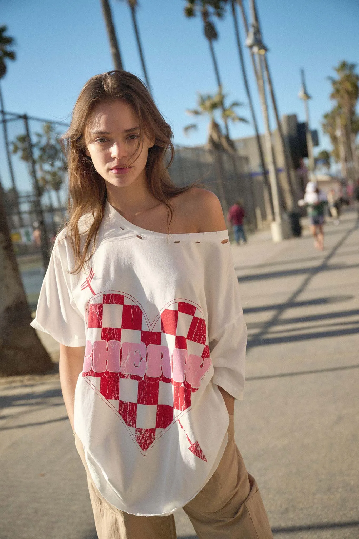 Cherry Love Checker Heart Distressed Graphic Tee