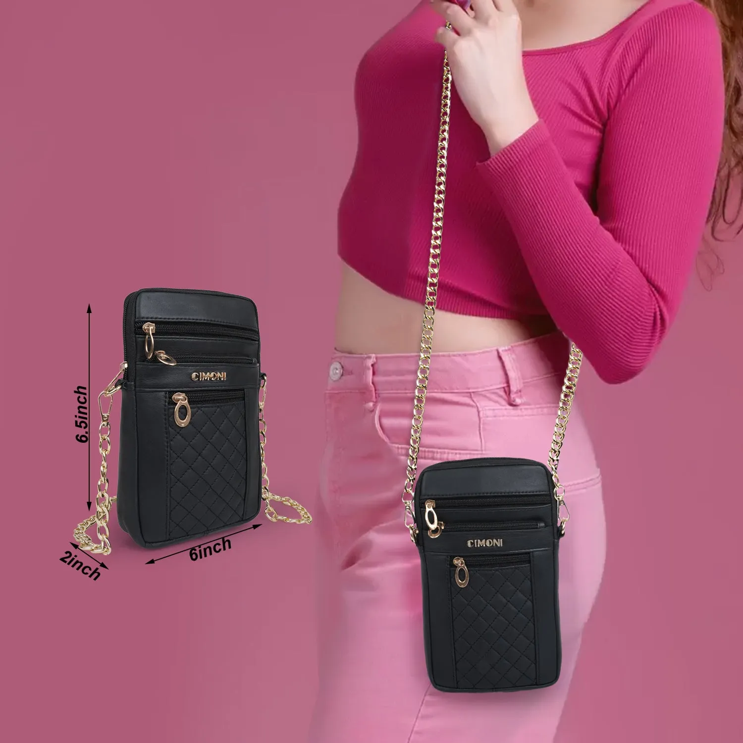 CIMONI Genuine Leather Stylish Elegant Unique Design Gold Chain Strap Crossbody Women Side Sling Bag