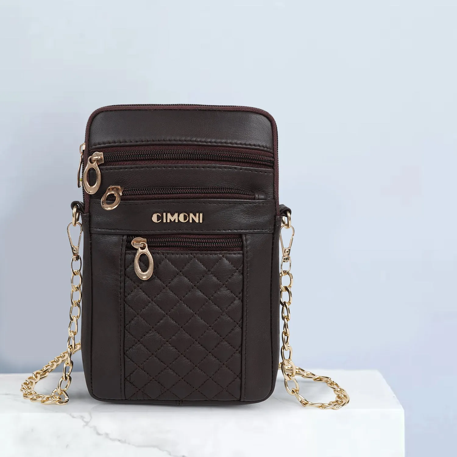 CIMONI Genuine Leather Stylish Elegant Unique Design Gold Chain Strap Crossbody Women Side Sling Bag