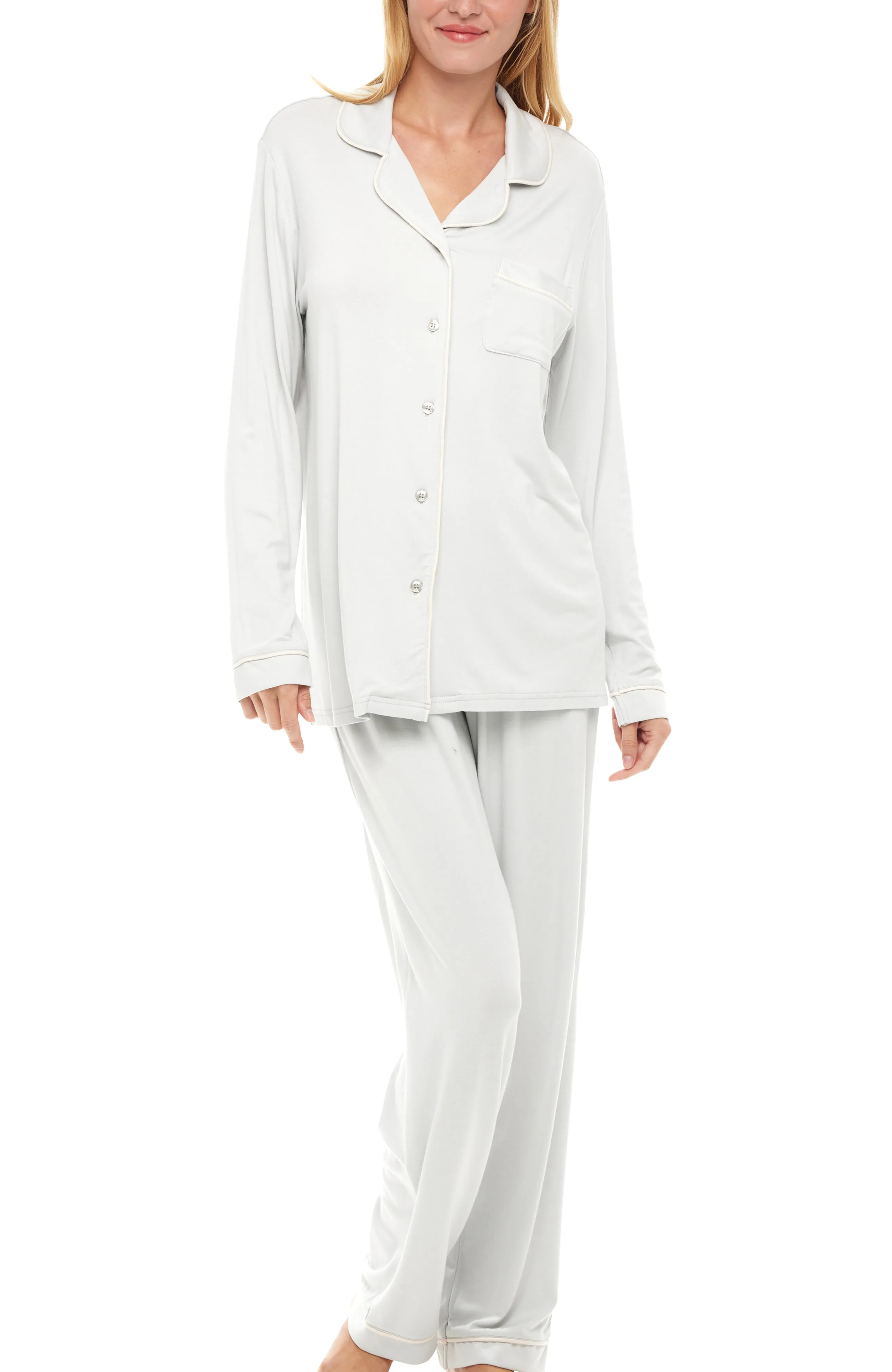 Classic Knit Pajamas Set with Pockets, Lightweight Long Sleeve PJ Set